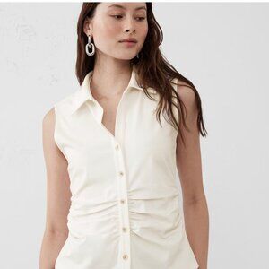 Shirred-Waist Ponte Sleeveless Collared Shirt